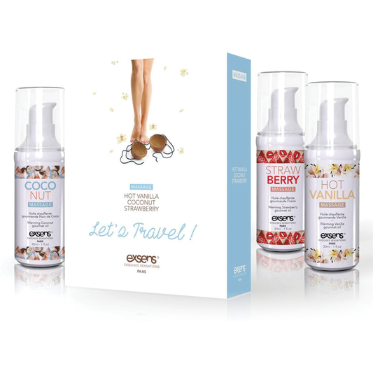 Exsens Let's Travel Warming Intimate Massage Oil Kit Flavored Gel Gift Set Strawberry Coconut and Hot Vanilla Flavor 3 Bottles, 1 Fl Oz Each